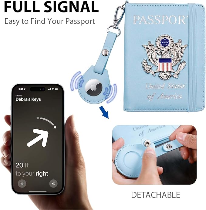 Cnycmy Passport Holder with Airtag slot,Passport-Wallet-Holder for Women,for Family, Rfid Passport Book Card Slot Waterproof, passport holder for travel (light blue1)