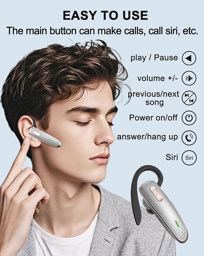 Bluetooth Earpiece, V5.1 Ultralight Wireless Handsfree Headset for Cell Phone with Noise Cancellation Microphone for iOS Android Samsung Laptop Trucker Driver - Grey