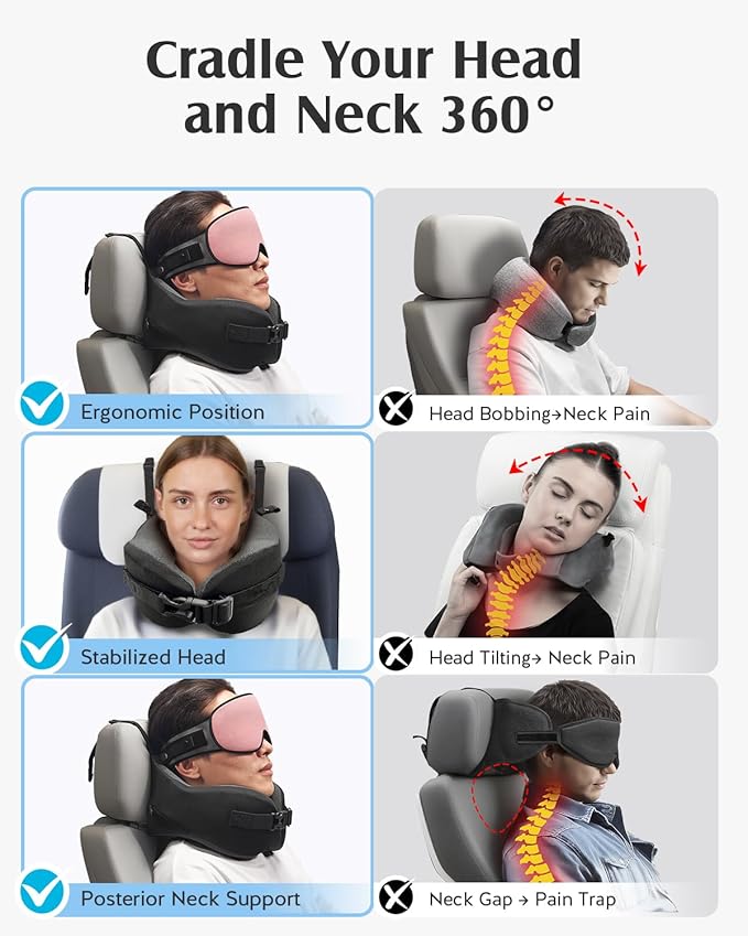 YFONG Travel Pillow for Long Flight Airplanes, Head Strap Combo with 3D Contoured Eye Mask for Sleep, Neck Pillow for Car Trip Essential, 360° Support Memory Foam Headrest, Prevent Head Bobbing, Pink