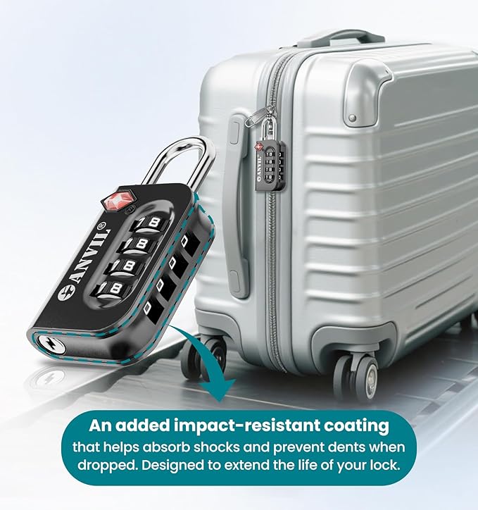 ANVIL TSA Approved Luggage Lock - 4 Digit Combination, 10,000 Combinations, Easy-Read Password Window, Travel Lock for Suitcases, Backpacks, Gym & Student Lockers, Baggage