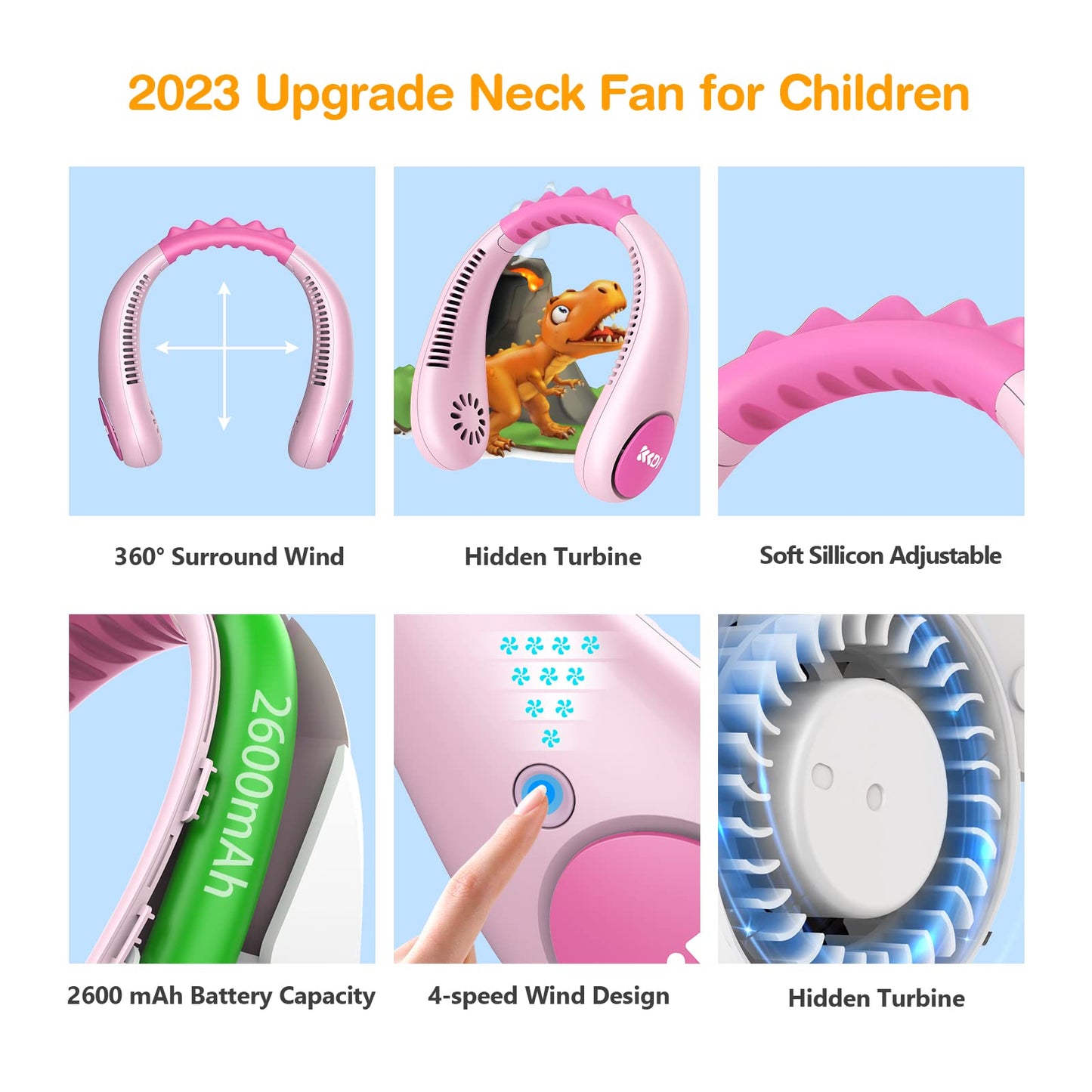 Kids Neck Fan, Portable Bladeless Fans for Kid 4-14Y Girls & Boys, 2600mAh USB Personal Mini Cooling Fan for Travel/Camping/Study, 4 Speeds, Lightweight, Compact, Perfect Summer Gifts for Kids