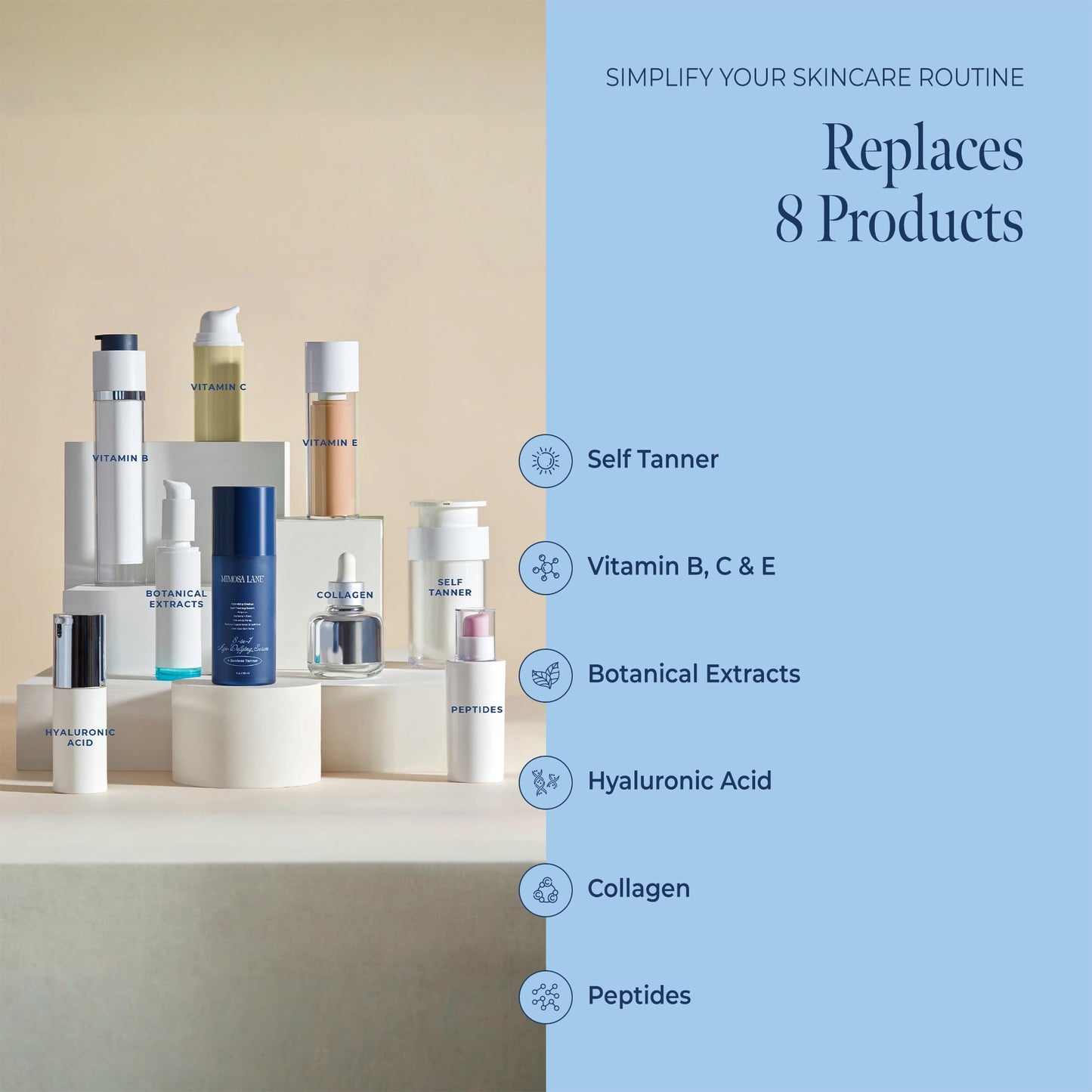 Mimosa Lane 8-in-1 Age Defying Serum REFILL, Hydrating Gradual Self-Tanning for Face, with Anti-Aging Hyaluronic Acid and Vitamin B, C, E, Sunless Tanner, Fragrance-Free, Vegan, 1 oz, Light