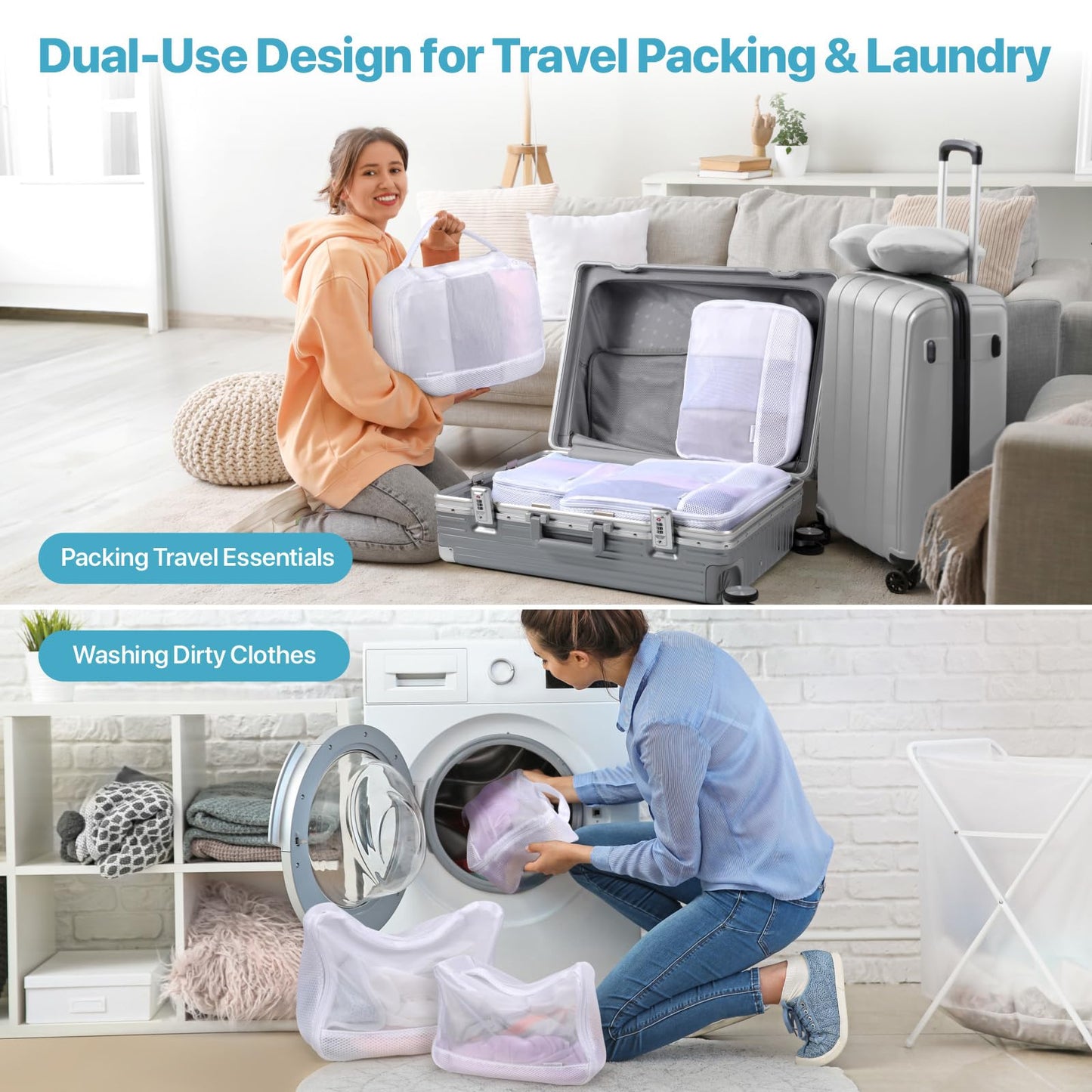 Cambond Machine Washable Mesh Packing Cubes Laundry Bag - 4 Set See Through Packing Cubes for Travel Women, Lightweight Dual-Use Mesh Laundry Wash Bags Luggage Organizer Bags Travel Cubes for Packing