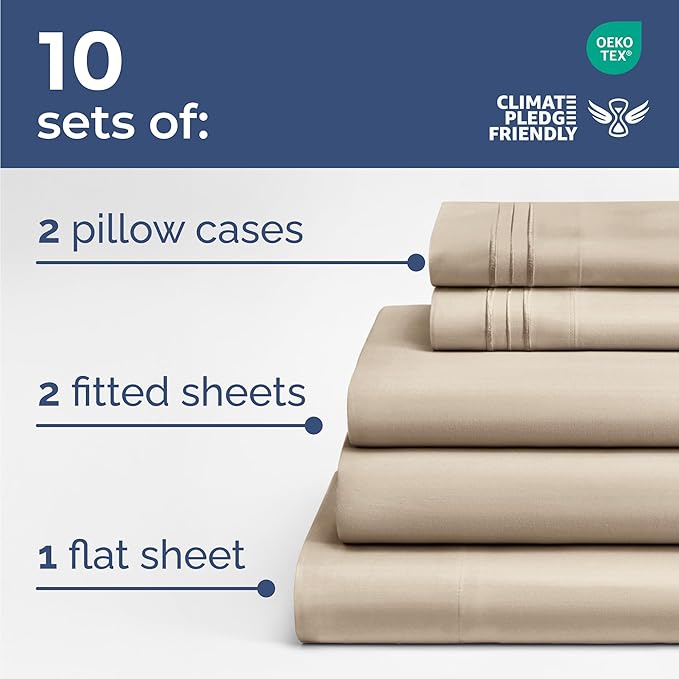 Bulk Case Pack of 10 Sheet Sets - (10) Complete Sheet Sets - Bulk Split King Bedding - Wholesale Case Pack for Hotels & Airbnbs - Deep Pocket & Wrinkle Free - Cooling & Breathable - Split King, Cream
