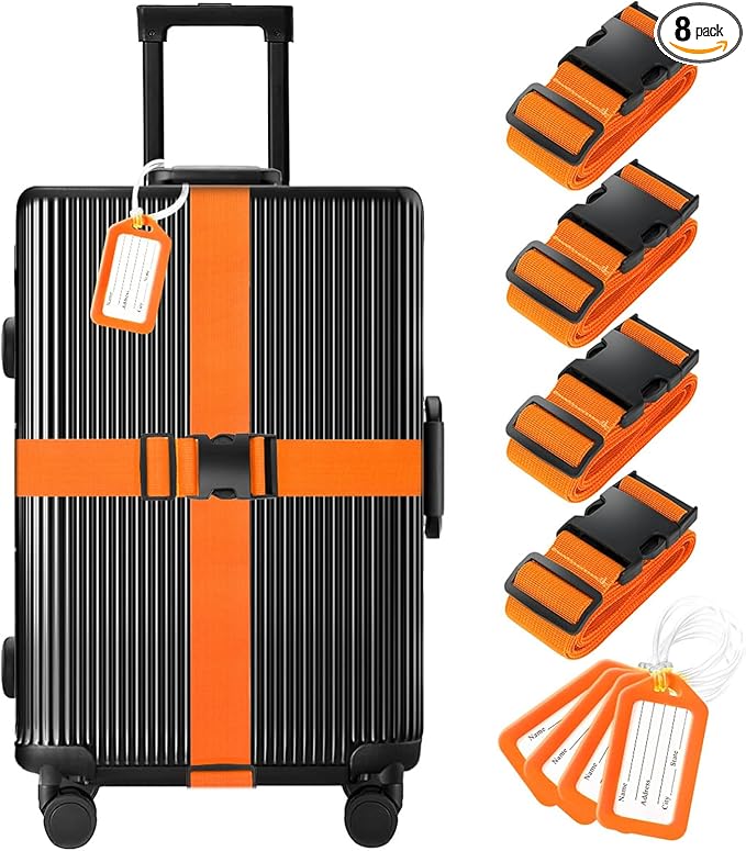 8 Pack Luggage Straps and Tags Set (4 Straps, 4 Tags), Luggage Straps for Suitcases TSA Approved Suitcase Belt Luggage Tags, Orange