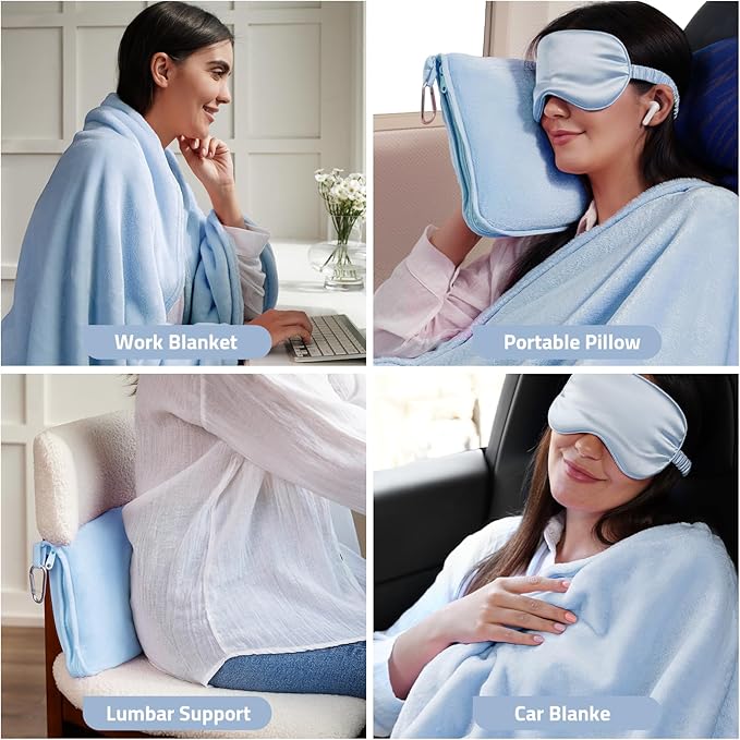 Travel Blanket, Ultra-Soft, Warm & Lightweight Travel Blanket Airplane with Bag, 65x40 in, Airplane Travel Essentials for Women, Men & Kids, Included Eye Mask, Luggage Sleeve & Backpack Clip