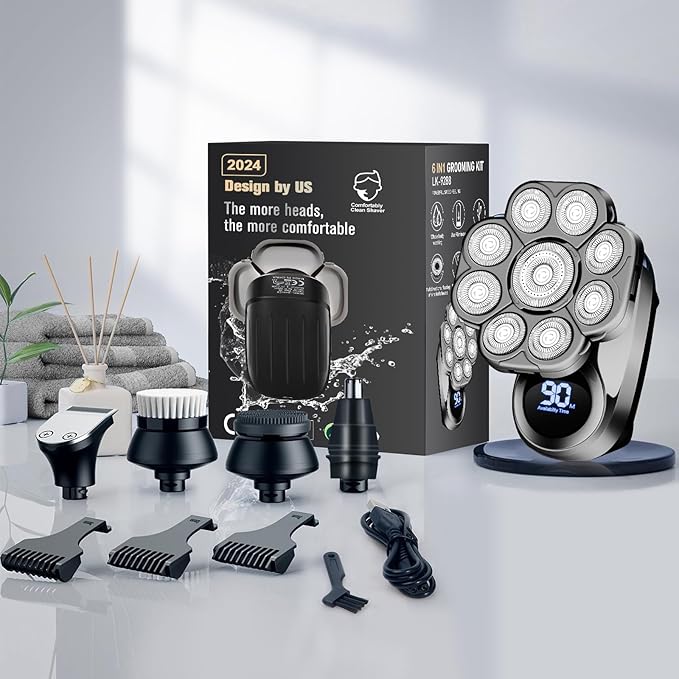 9D Electric Head Shavers for Bald Men, Upgraded 5-in-1 Waterproof Wet/Dry Grooming Kit Electric Shaver for Men, Cordless Rechargeable Bald Head Razor for Home&Travel