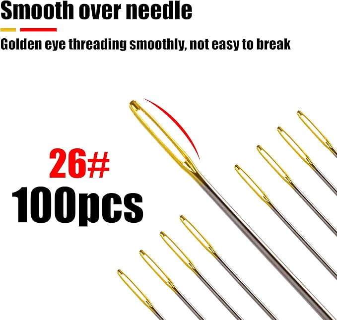 100pcs Cross Stitch Needles + 2 Needle Threader Golden Color Large Eyes Cross Stitch DIY Embroidery Hand Needles Sewing Needles in Transparent Box (26#)