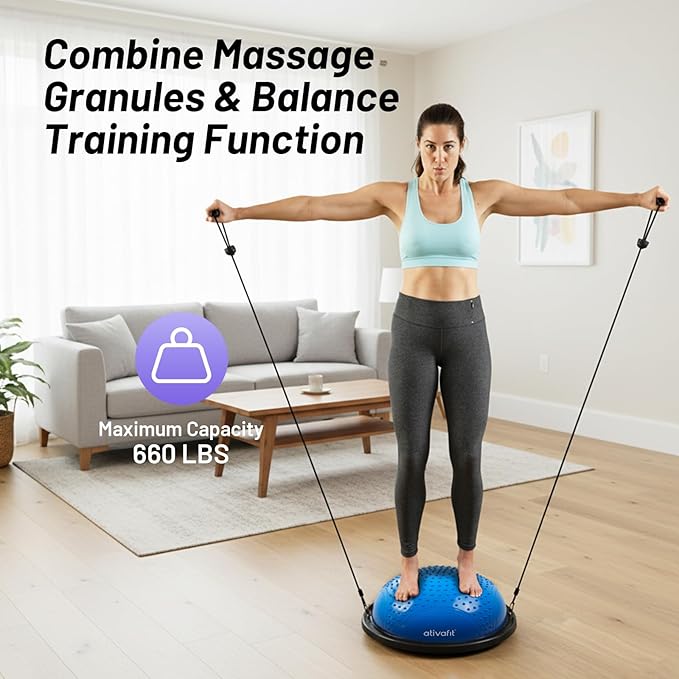 ATIVAFIT Half Exercise Ball with Massage Granules, resistance Bands Balance Ball Balance Trainer for Home Gym Full Body Workouts Half Ball Balance Trainer For Men Women