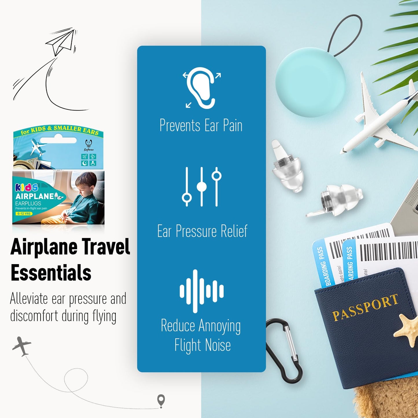 Ear Plugs for Airplane Pressure Relief & Preventing Ear Pain - Flying Travel Essentials - Comfortable Reusable Plane Earplugs for Adult/Kids 12+ Charcoal Black