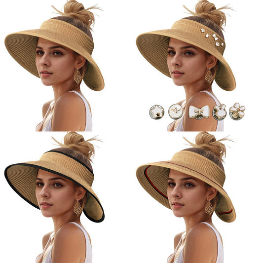 Sun Hats Visor for Women, UV UPF Straw Beach Hat Foldable Wide Brim Ponytail Summer Hats Packable Travel Khaki