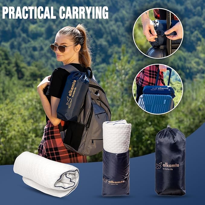 Travel & Camping Comfortable Memory Foam Pillow – Easy to Carry Portable Bag – Temperature Regulating Pillow Case (White Contour + Extra Cover)