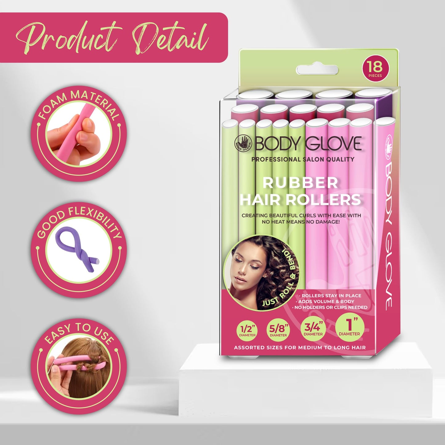 Body Glove Flexi Rods Foam Hair Rollers Medium to Large Size Professional Salon Quality 18 Pcs Rubber Hair Rollers For Medium to Long Hair (Multi-color)