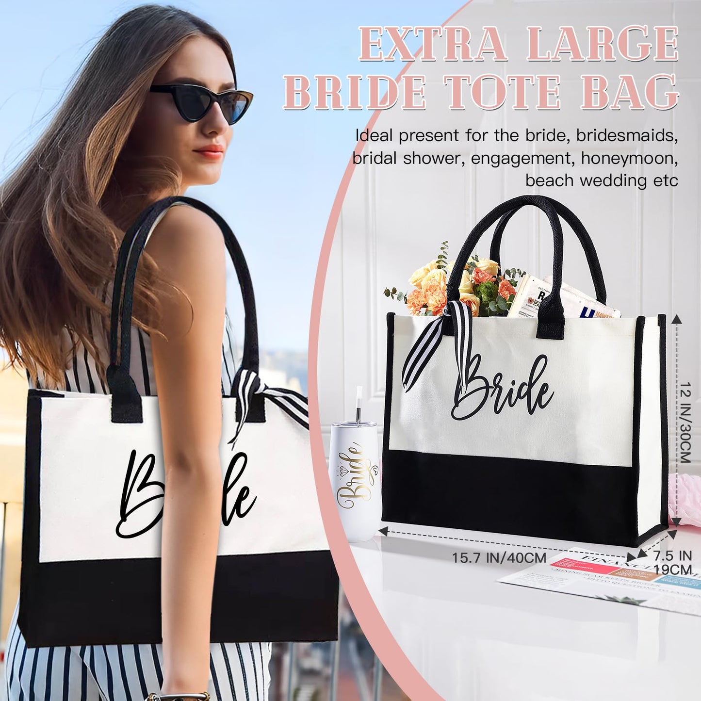 Bridal Shower Gifts–7-Piece Birde Gift Set with Tumbler, Tote, Slippers, Makeup Bag & More-Gift for Bride to be– Bachelorette Gifts for Her-Bridal Shower Decorations