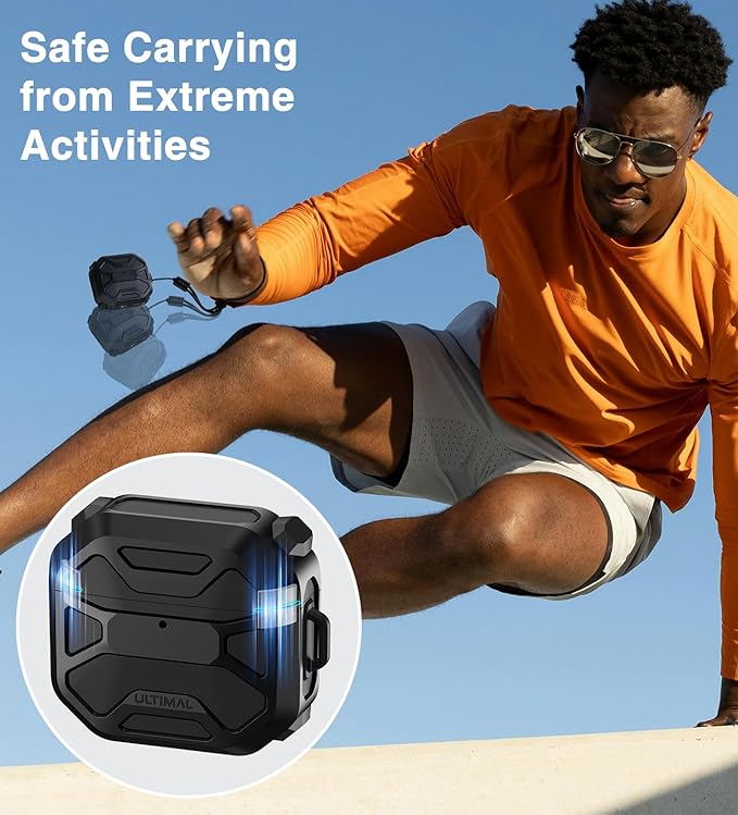 Compatible with AirPods 4 Case, Rugged TPU Double-Layer Cover, Powerful Shockproof Full Protection with Lanyard, Reinforced Magnetic Lid Lock for AirPods 4th Generation case(Black+Black)