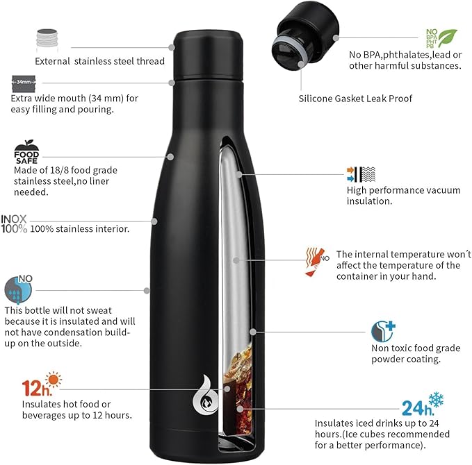 BJPKPK Insulated Water Bottle 17oz Stainless Steel Water Bottles Dishwasher Safe Metal Thermal Keep Cold and Hot,Midnight Black