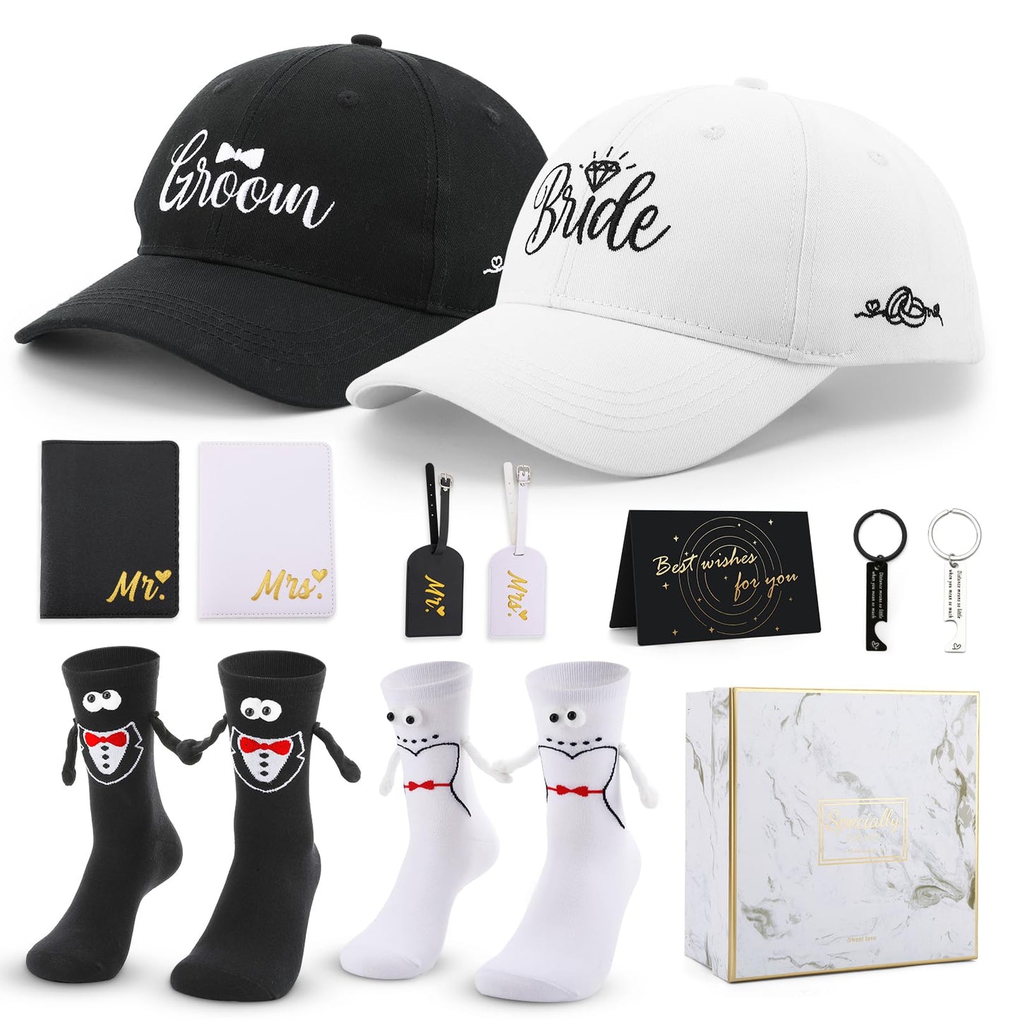 Fingertip WD 12 Pack Wedding and Engagement Gift for Couples, Bride and Groom Baseball Caps Magnetic Couple Socks for Bridal Wedding Honeymoon Trip Travel Men Women Gift