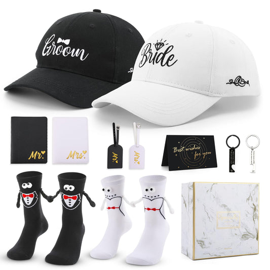 Fingertip WD 12 Pack Wedding and Engagement Gift for Couples, Bride and Groom Baseball Caps Magnetic Couple Socks for Bridal Wedding Honeymoon Trip Travel Men Women Gift