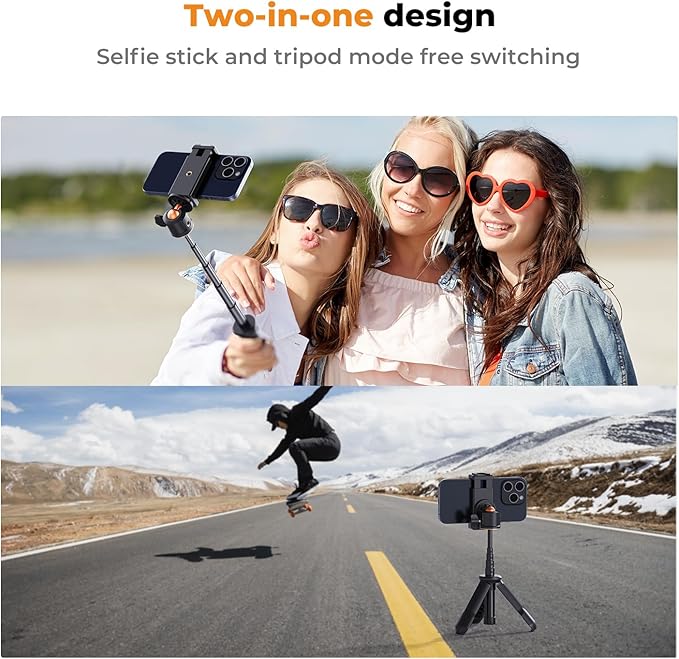 K&F CONCEPT Selfie Stick Tripod, Handheld Tripod Small Camera Tripod Max Load Capacity 4.4lbs/2kg, 1/4" Screw Compatible with Sony A1 II A7 IV ZV-1F Canon EOS R5D DJI OSMO Pocket 3 Gopro MAX2.(Black)