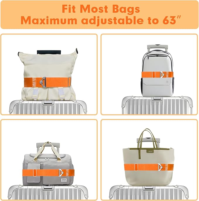 2-in-1 Travel Strap for Luggage Over Handle,Luggage Belt for Carry on Bag, Suitcase Belt, Add a Bag Bungees Luggage Straps Adjustable with Alloy Buckle, Hands-Free for Airport (Orange)