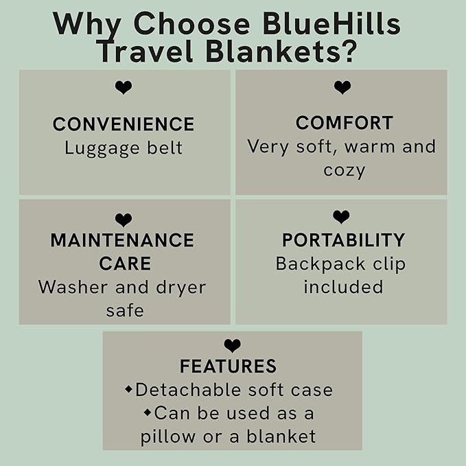 BlueHills Premium Soft Travel Blanket Pillow Airplane Flight Blanket Throw in Soft Bag Pillowcase Compact Pack Large Comfort for Travel Green (Dark Green T010)