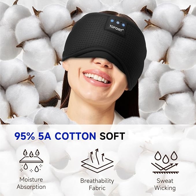 TOPOINT Sleep Mask Headphones Bluetooth Wireless 5.4, Breathable Cotton Eye Mask for Sleeping Side Sleepers Travel Music Headsets with Microphone Handsfree Men Women
