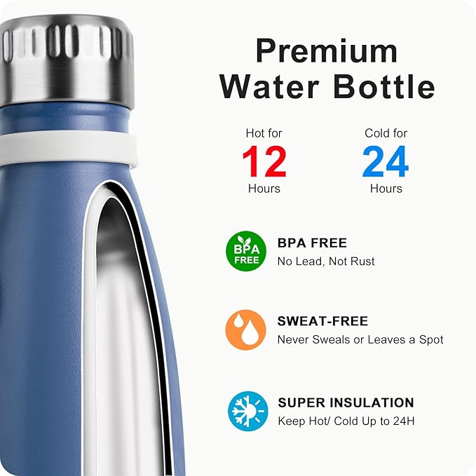 Kids Water Bottle for School-12 oz Stainless Steel Double Wall Vacuum Insulated Sports Water Bottle Reusable Metal Leak Proof Cola Shape Flask for Girls(Royal Blue)