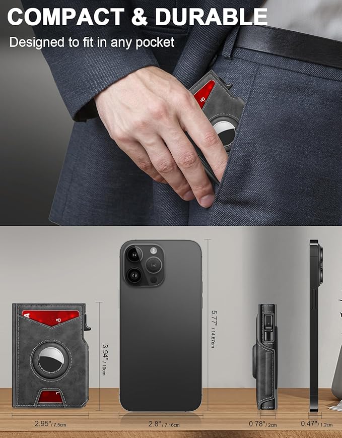 Airtag Wallet for Men, Minimalist Slim Mens Wallet Smart Pop Up Credit Card Holder for 9-13 Cards, RFID Blocking Wallet with ID Window & Cash Slot, Compact Bifold Metal Aluminum Card Case