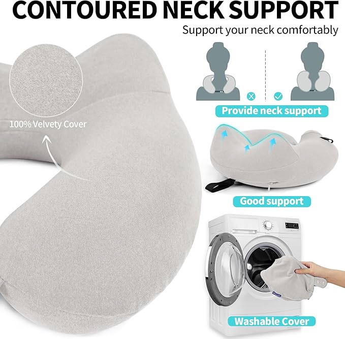 2 Pack Inflatable Travel Neck Pillows for Airplanes, Head Support Velvet Adult Neck Pillows for Long Flight, Kit with Eye Mask, Earplugs and Storage Bag, 2, Light Gray