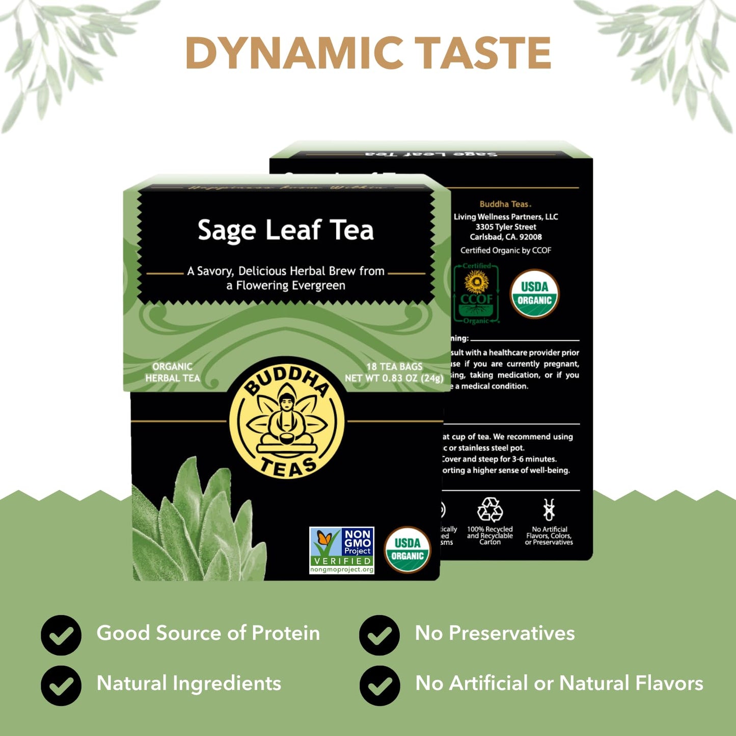Buddha Teas - Organic Sage Leaf Tea - Herbal Tea - With Vitamins & Minerals - Clean Ingredients - Caffeine Free - OU Kosher - 18 Bleach-Free Tea Bags (Pack of 1)