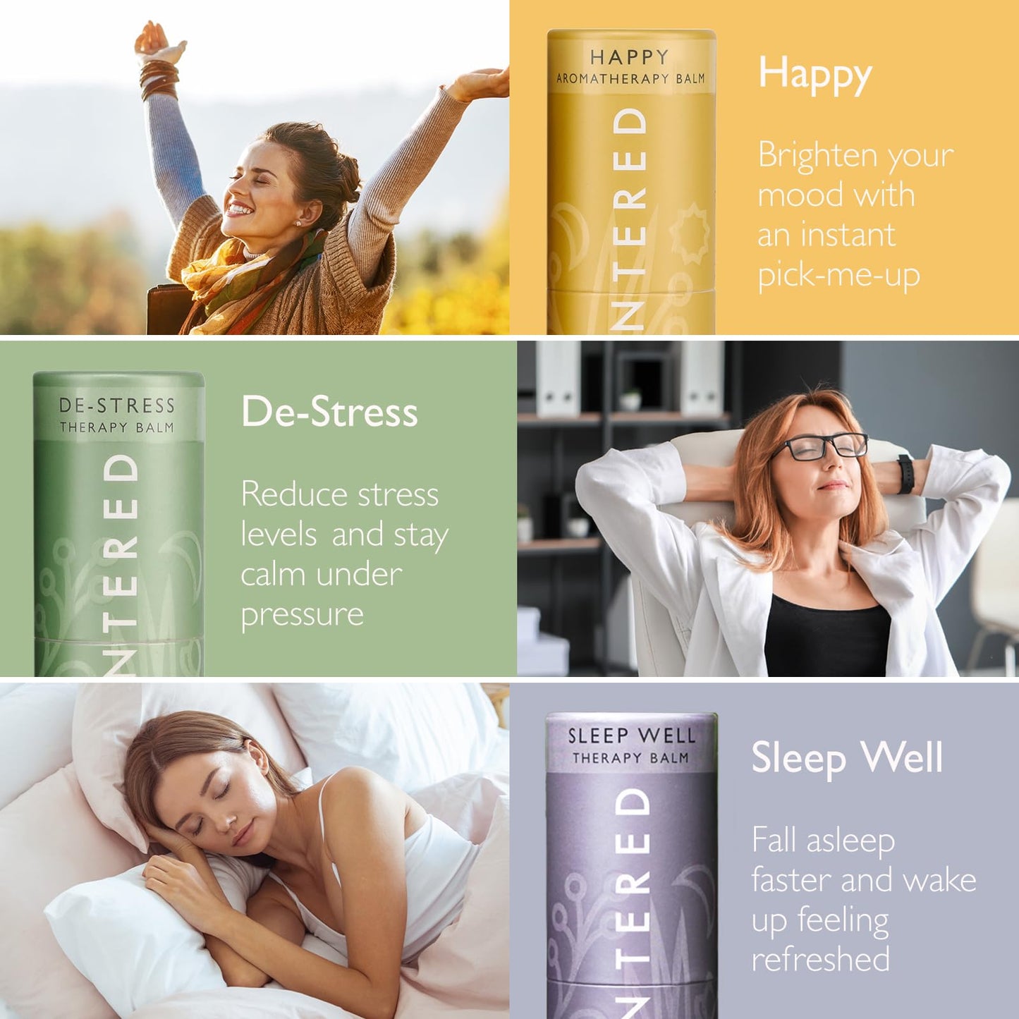 Scentered Aromatherapy Balm Gift Set - Positive & Relaxed - Pack of 3 Balms: Happy, De-Stress, Sleep Well - Lavender, Cedarwood, Rosemary Essential Oil - Mother's Day Gift Ideas