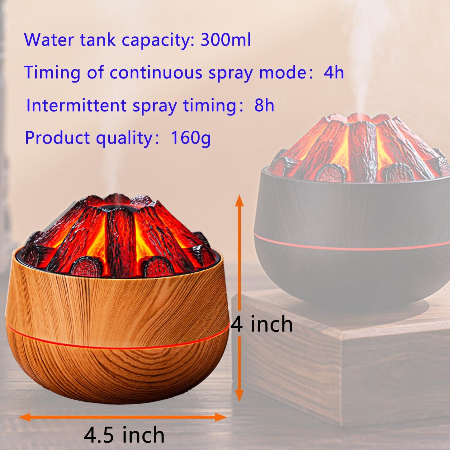 Viewmoi Simulated Carbon Fire Humidifier, Cool Mist Humidifier with Charcoal Fire Design, Ultra-Quiet Humidifier for Large Room, Bedroom, Office, Wood Grain (Light Texture), medium, SX-E351