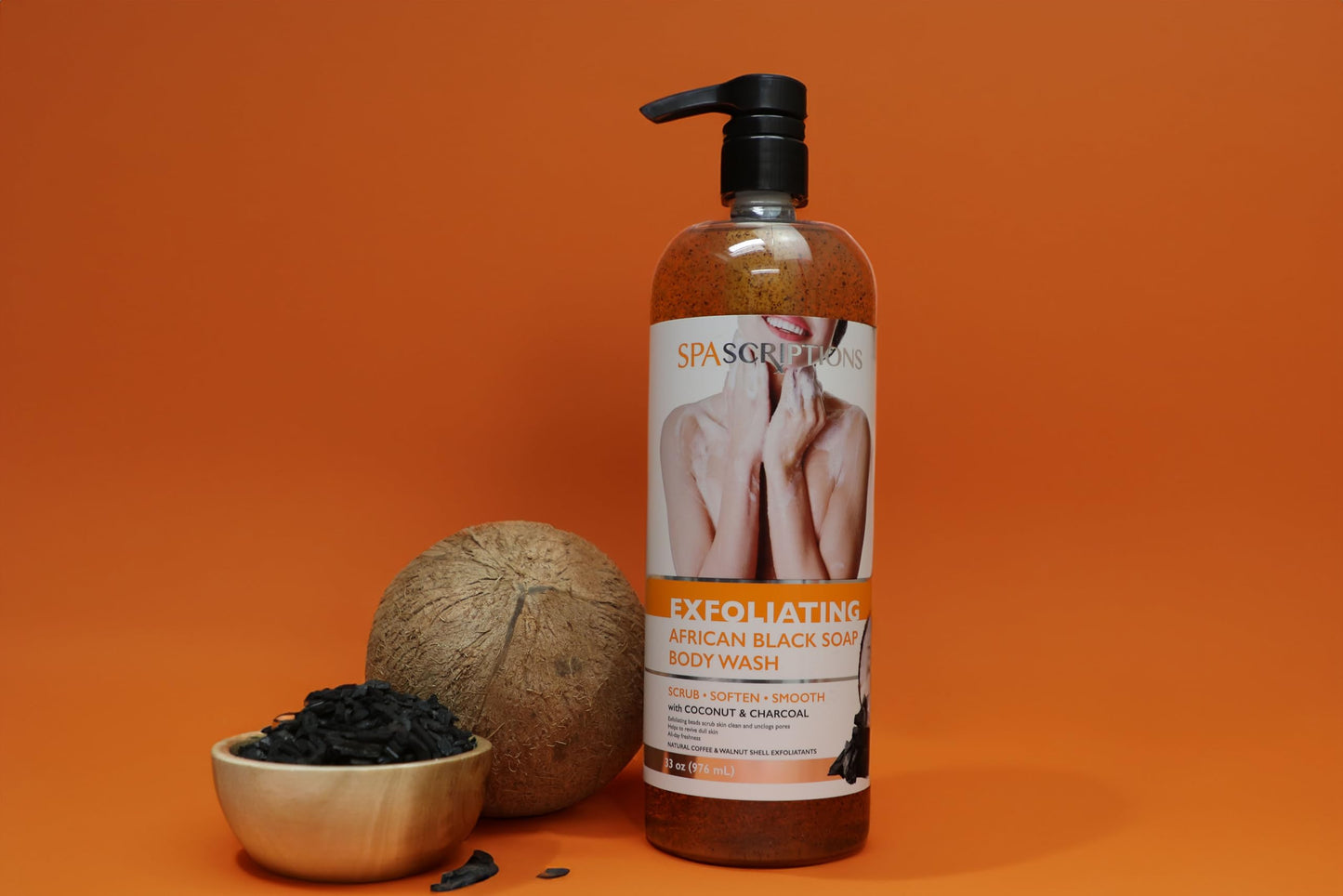 SpaScriptions Exfoliating African Black Soap Body Wash with Coconut & Charcoal (33 fl oz) Body Scrub with Natural Coffee & Walnut Shell Exfoliants, Nourishing Body Care for Women and Men, Cruelty Free