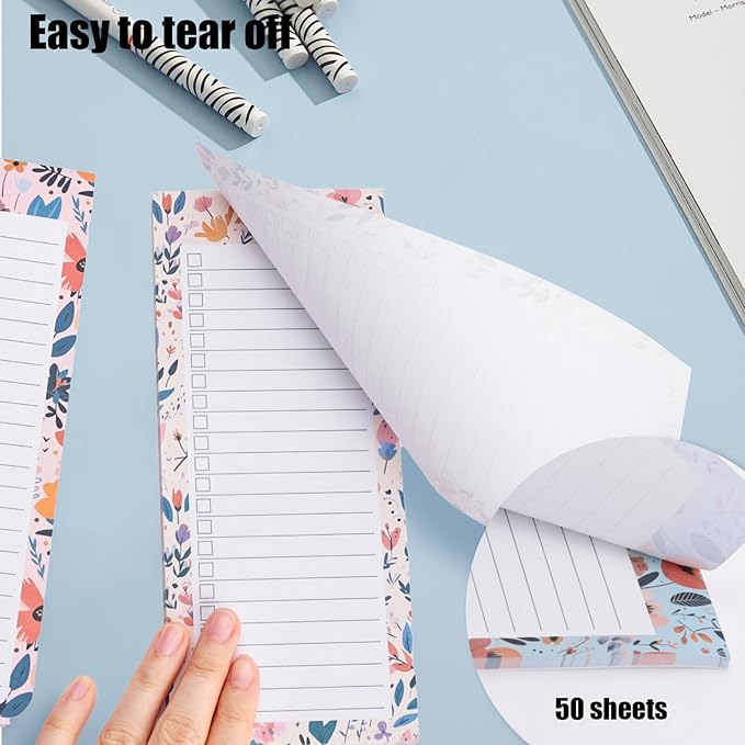 Koogel Magnetic Fridge Notepads, Floral Design, 4 Pack 200 Sheets Grocery List Notepad, 70g Premium Paper, Tear-Off Sheets, Perfect for Daily Schedules, Shopping Lists & Task Management, To-Do List
