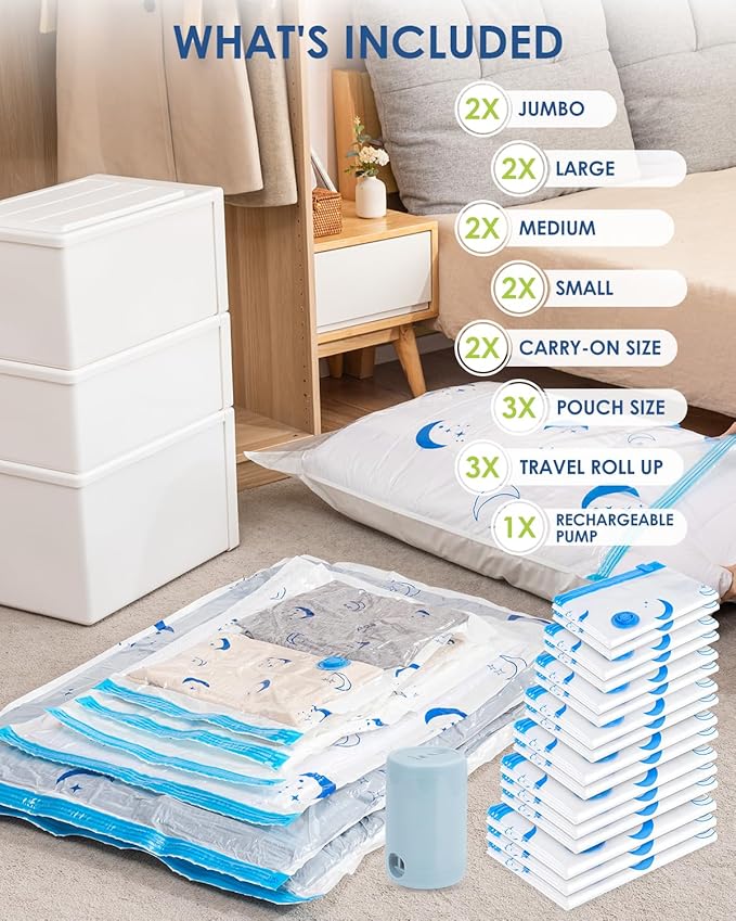 Vacuum Storage Bags with Electric Pump, 16 Pack Vacuum Sealed Bag with 1500mAh Rechargeable Battery for Clothes, Blanket, Duvets, Pillows, Comforters, Travel