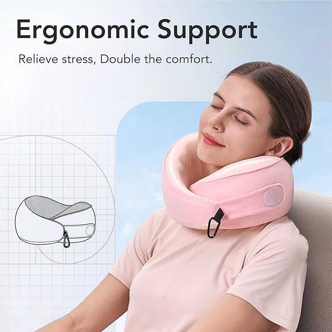 Travel Pillow, 100% Pure Memory Foam Travel Neck Pillow Airplane Neck Support Ergonomic Design for Traveling Suitable for Airplanes,Offices and Cars-Cooling Silk Light Pink