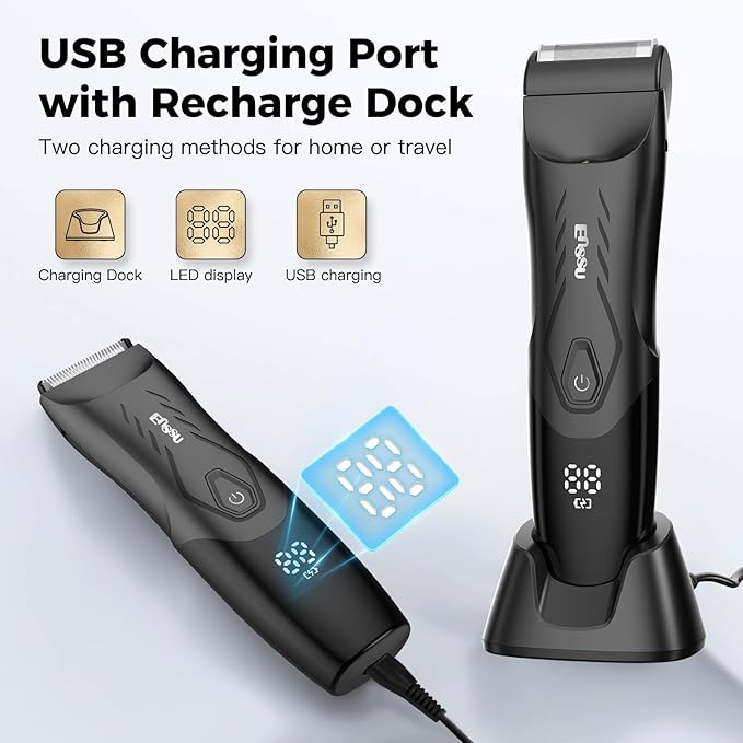 2-in 1 Body Hair Trimmers for Men, Pubic Groin Hair Trimmer for Men with Dual-Head Trimmer & Foil Blade, Electric Ball Trimmer Razors w/Light, Charging Dock, Waterproof Body Groomer Shaver Kit