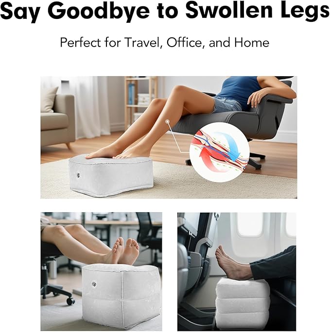 Inflatable Foot Rest Pillow for Travel, Adjustable 3 Layers Height Cushion Kids/Adults Airplane Travel Pillow, Suitable for Office, Home, Trains, Cars - White
