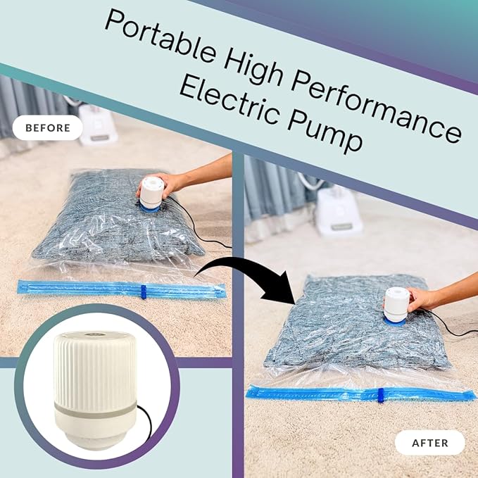 12 Pack Vacuum Storage Bags with Electric Pump, Compression Space Saver for Comforters, Bedding, Blanket Storage, Vacuum Seal Bags for Clothing, Luggage and Closet Organizer,