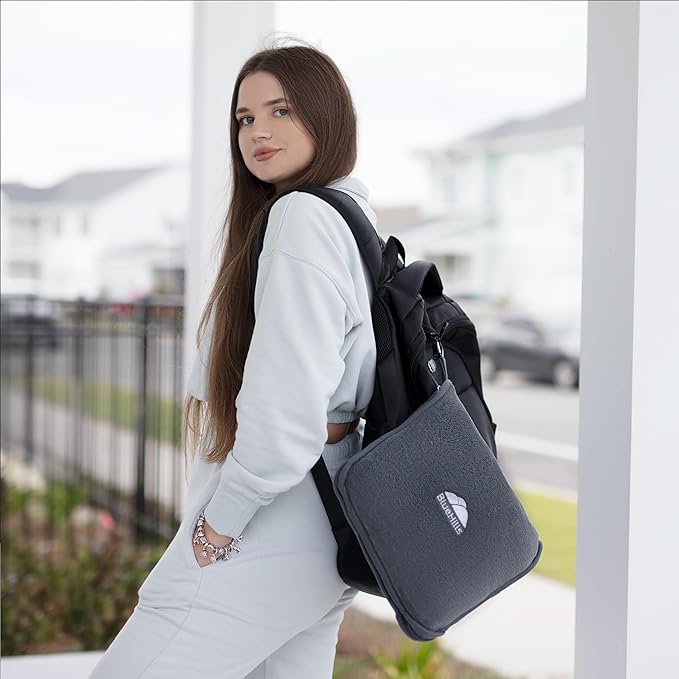 BlueHills 2-Pack Premium Soft Travel Blanket Pillow Airplane Blanket in Soft Bag Pillowcase with Hand Luggage Belt and Backpack Clip, Compact Pack Large Blankets for Any Travel (Grey Gray T013)