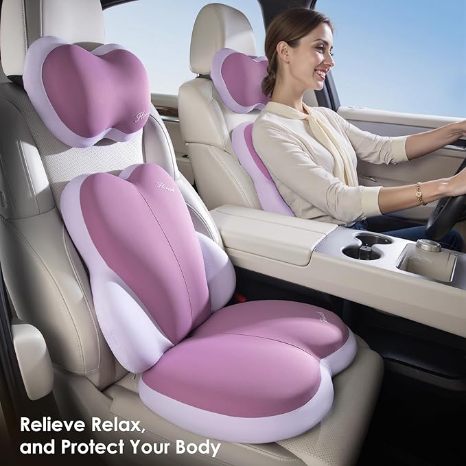 FLORICH 3 PCS Seat Cushion for Carseat Lumbar Support Pillow Car Neck Headrest Pillows Ultrathick Memory Foam Seat Pads Pressure Relief Back Cushion for Office Chair(Purple)