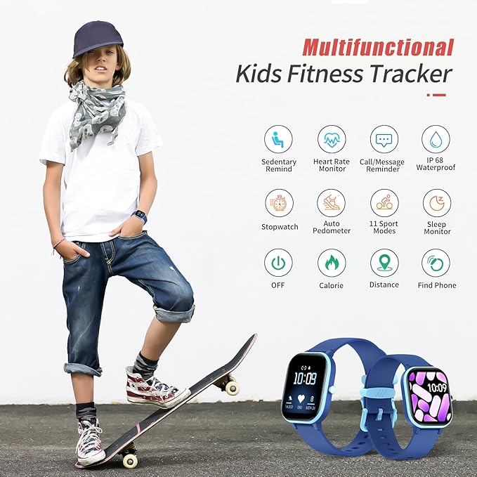 Kids Fitness Tracker Watch, IP68 Waterproof Smart Watch with 19 Sport Modes, Pedometer, Heart Rate Monitor, 19 Sports Modes, Great Gift for Kids