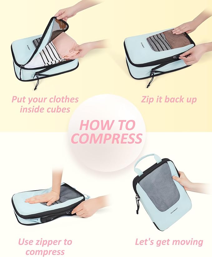 BAGSMART Compression Packing Cubes for Travel, 6 Set/5 Set/4 Set, Compression Suitcase Organizer Bags Set for Suitcases Travel Essentials, Lightweight Packing Organizers