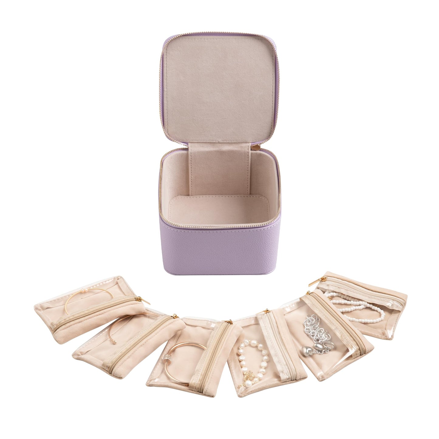 Frebeauty Small Travel Jewelry Box,Travel Jewelry Case with 6 Pouch Bags,Portable Travel Jewelry Organizer,Mini Jewelry Storage,3.35 x 4.9 x 4.8 Inches,Gift Idea for Women Girls (Purple)