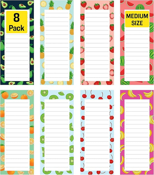 8 Magnetic Notepads – Notepads for Grocery List, Shopping List, To-Do List, Reminders -Strong Magnetic Back- Memo Notepad with Realistic Fruit Designs | 25 Sheets per Pad 7.5 x 3.5 inch (8 Pack)