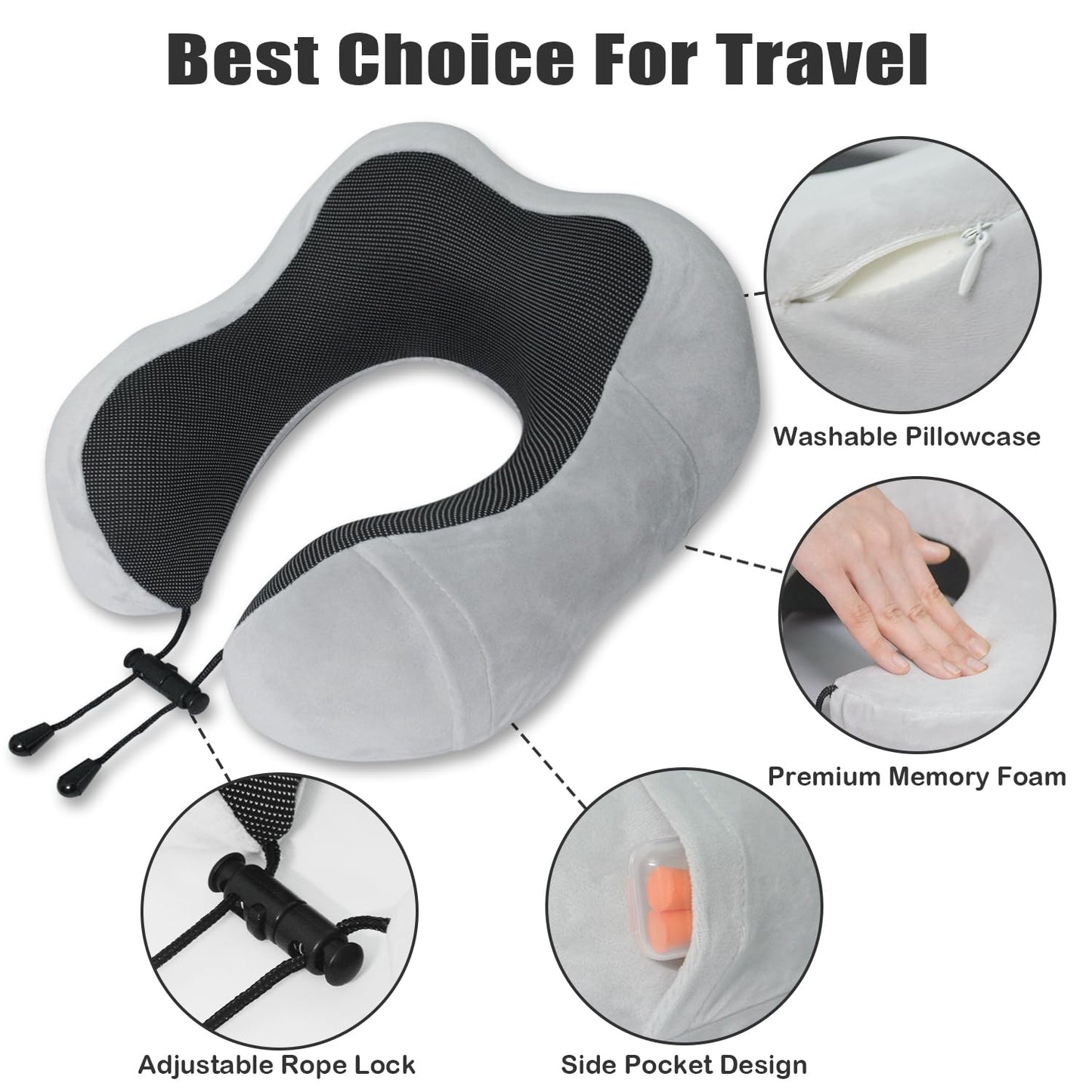 Travel Pillow, Memory Foam Neck Pillow for Traveling, U Shape Neck Pillow Airplane Portable Flight Pillow Travel Kit with 3D Contoured Eye Masks and Earplug for Plane Train Car Home Office - Grey
