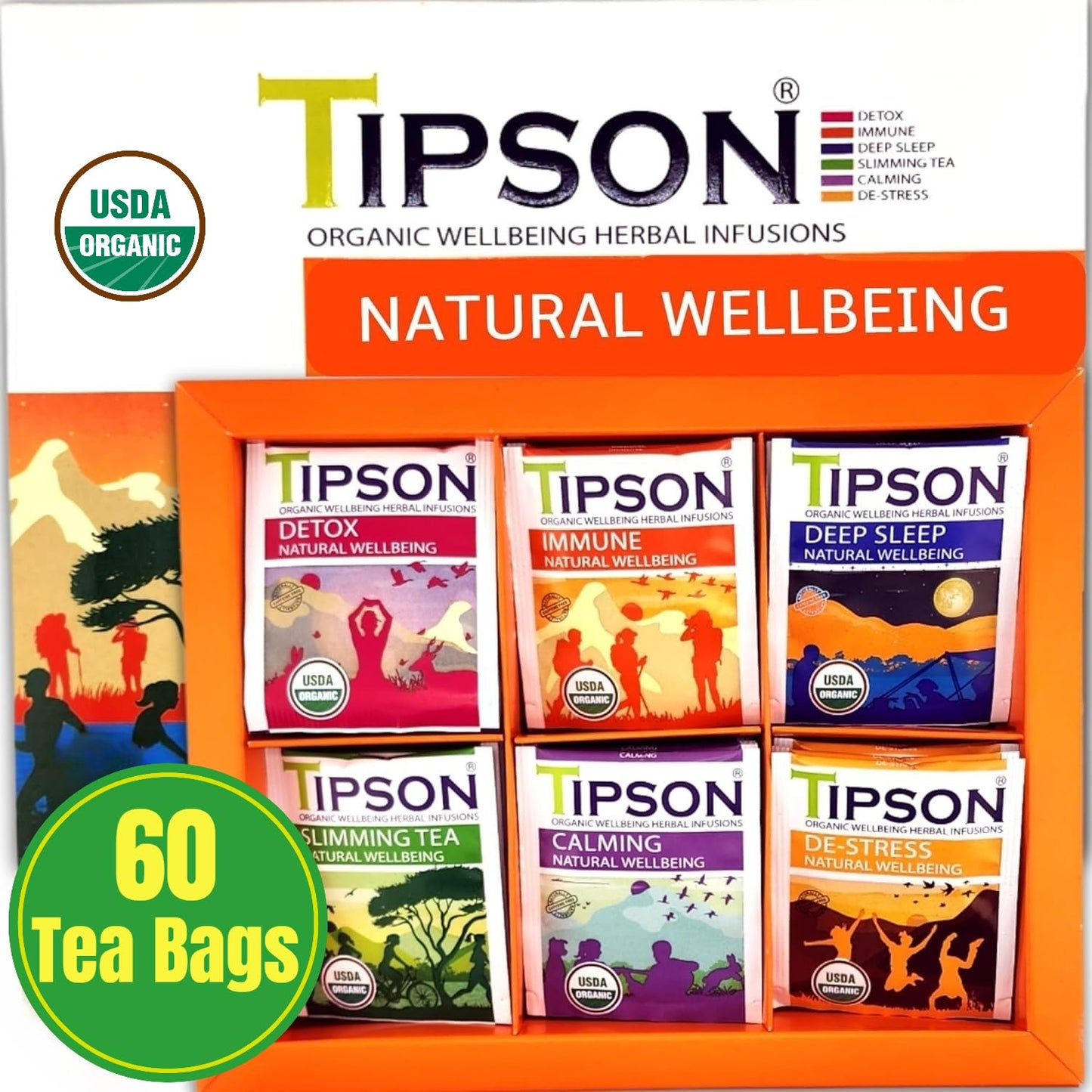 Tipson Natural Wellbeing Variety Sampler - 6 Flavors | 6 Benefits (60 Tea Bags), Herbal Tea Infusions - USDA Organic, Non GMO, and Gluten Free