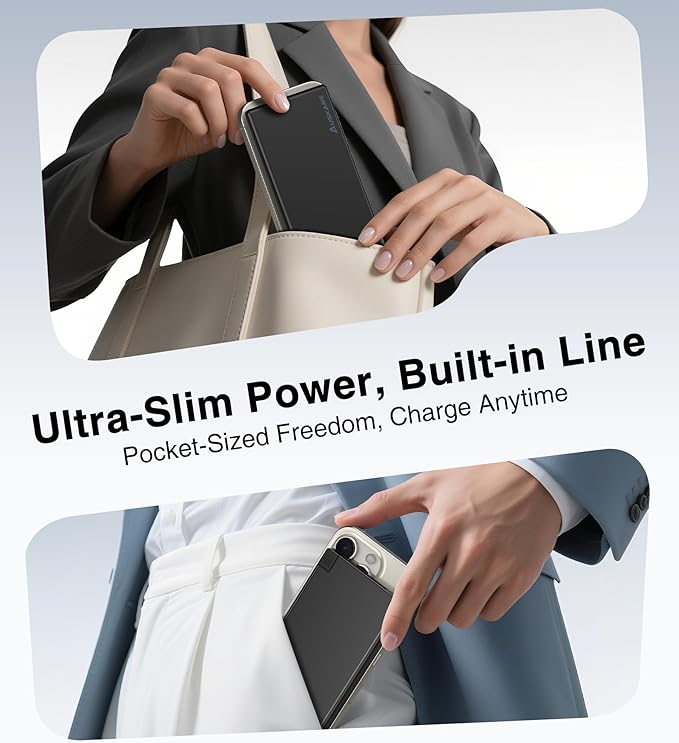 Auskang Slim Power Bank for Travel-5000mAh USB C Portable Charger Built in Cable- Airplane Safe Thin Battery Pack Compatible with iPhone16 15 Devices Samsung Google Pixel Android Phones