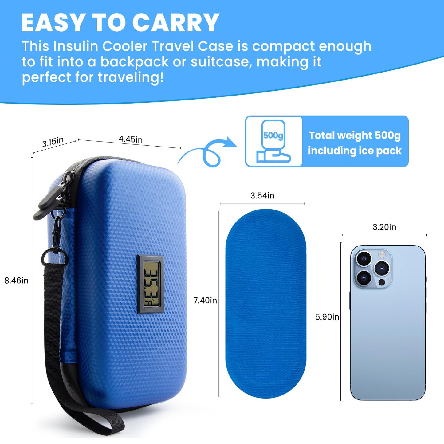 MOSKESON Insulin Cooler Travel Case - TSA Approved Medication Diabetic Cooler for Travel with Thermometer Temperature Display Refrigerated Medicine Organizer Bag with 2 Ice Pack Blue