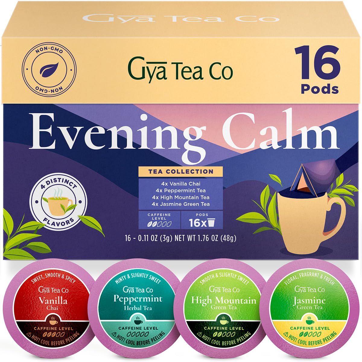 Gya Tea Co Evening Calm Tea Gift Set (16 ct) - Assorted Tea Pod Variety Pack with Vanilla Chai, Peppermint, High Mountain, Jasmine Green 4 Flavors for Night Rest, Digestion & Relaxation